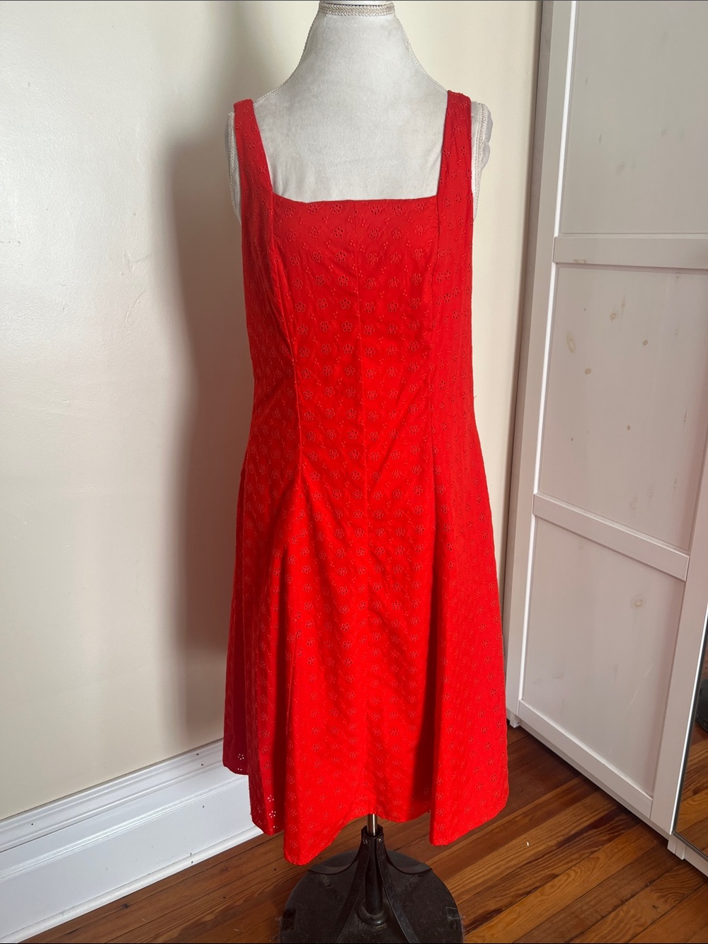 Nicole Miller Red Eyelet Midi Dress Size L Square Neck Smocked Back Pockets NWT